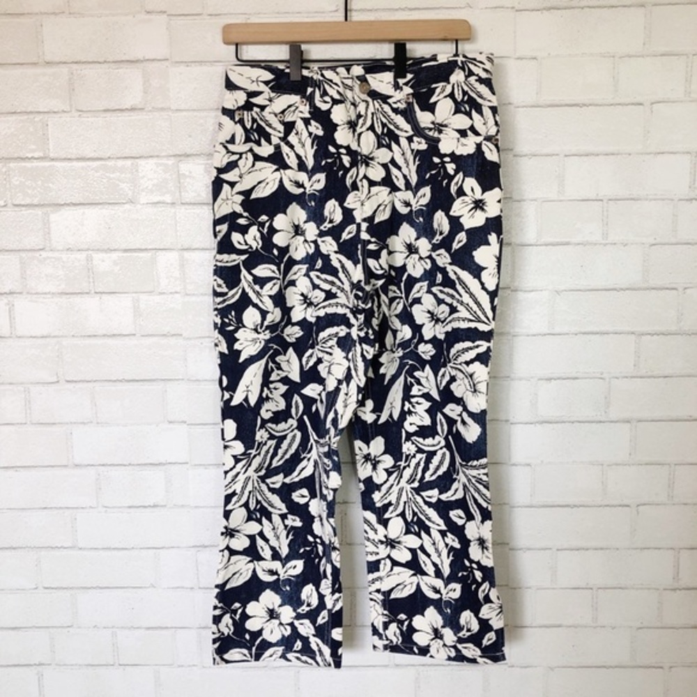 Vintage 80s 90s Bill Blass High Waist Capri Blue Floral Jeans 100% Cotton
